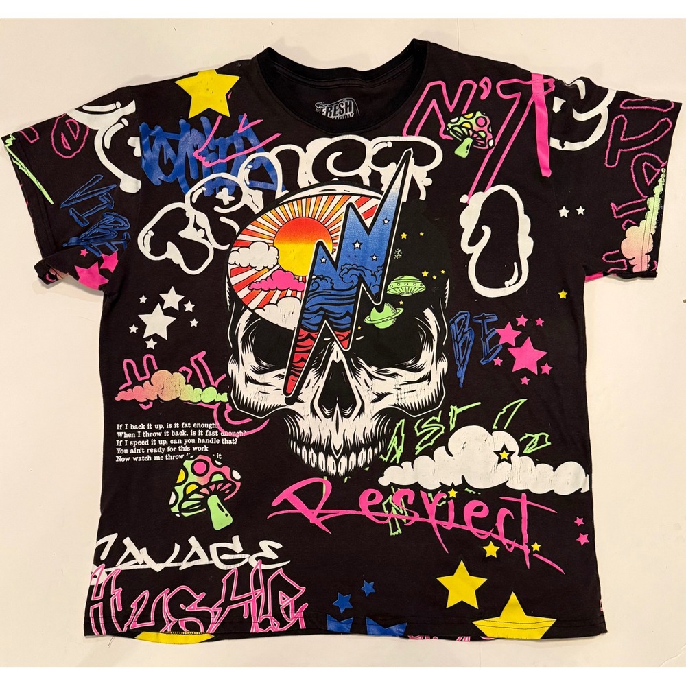 Fresh Laundry Mens Skull Graffiti Graphic T-Shirt Black Neon Grateful Dead 2XL